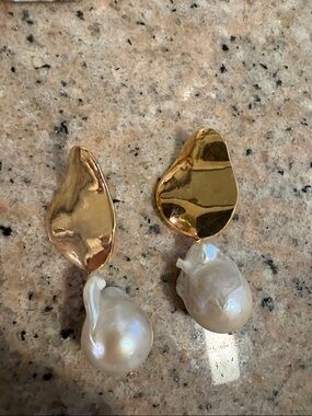 Gold Baroque Pearl Drop Earrings - Women Jewelry
